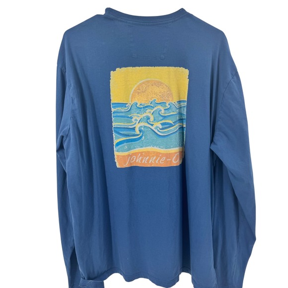 Johnnie-O Mens XL Blue Long Sleeve Graphic Pocket T-Shirt Surf Sunset Waves - Picture 3 of 10
